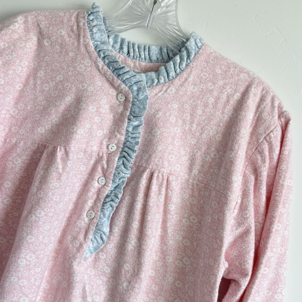 VTG Flannel‎ Nightgown Pink Floral Ruffle Trim Feminine Cottage Thick Cozy M